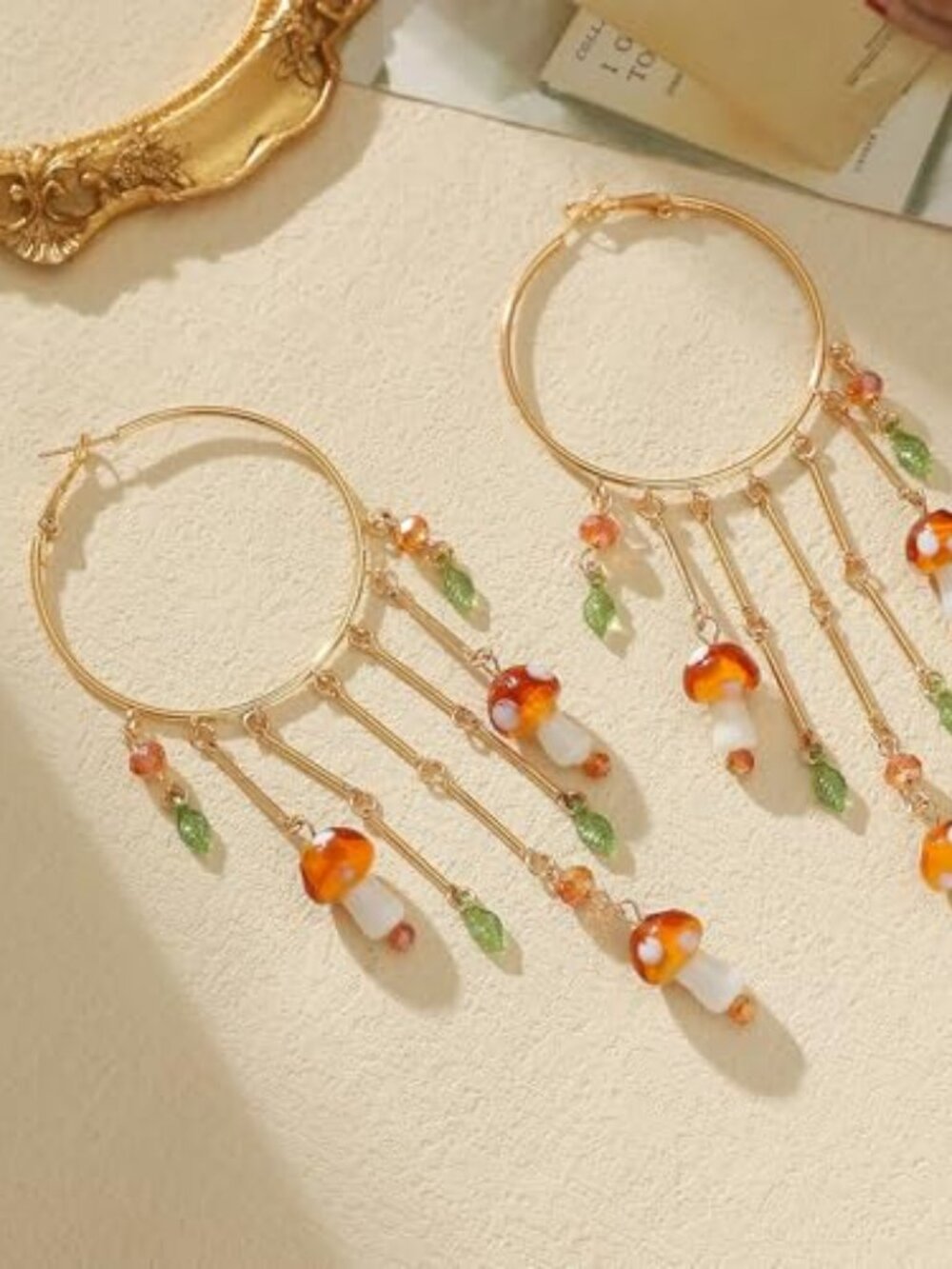 Colorful Boho Tassel Hoop Earrings Mushroom Leaves Dangle Earring for Women